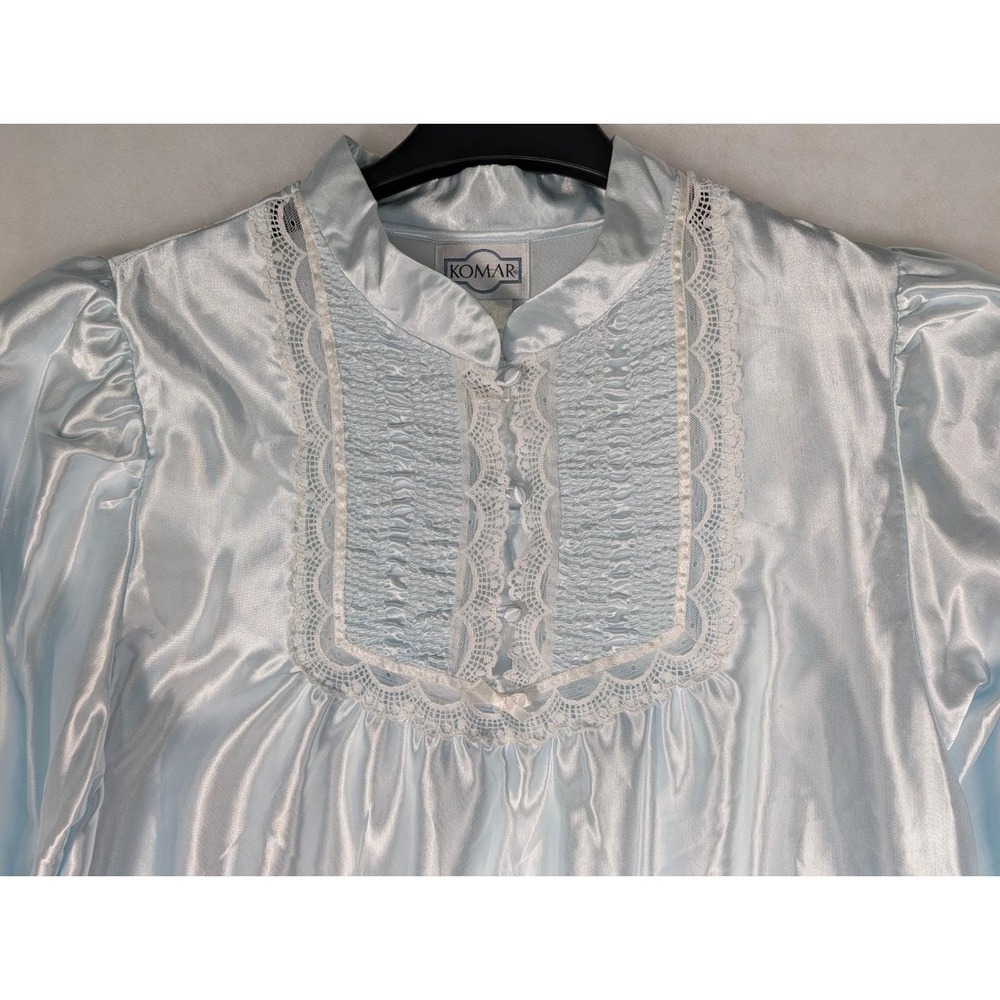 Komar Lg Med Icy Blue Long Sleeve Lace Trim Nightgown Gown Liquid Satin‎ - Picture 4 of 9